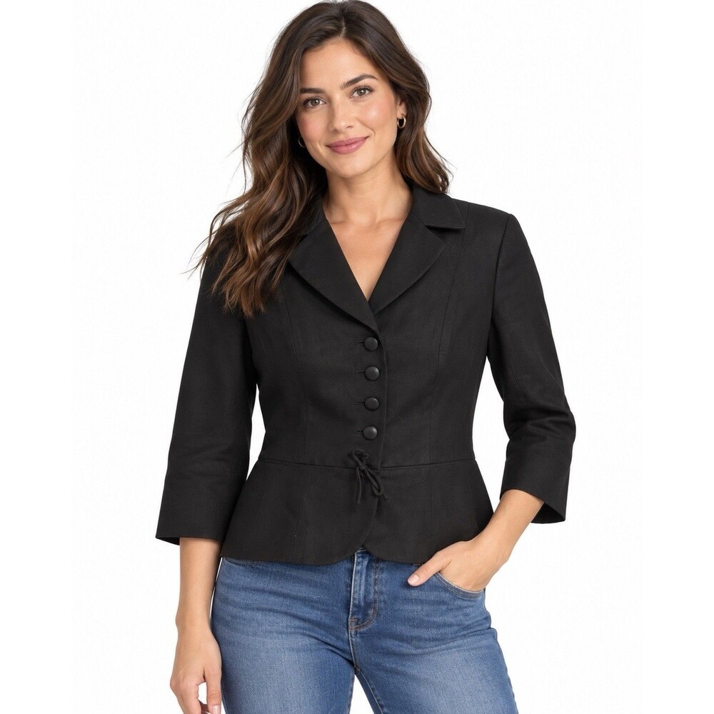 Ann Taylor LOFT 100% Linen Women's Casual Black Lined Button Front Jacket 6